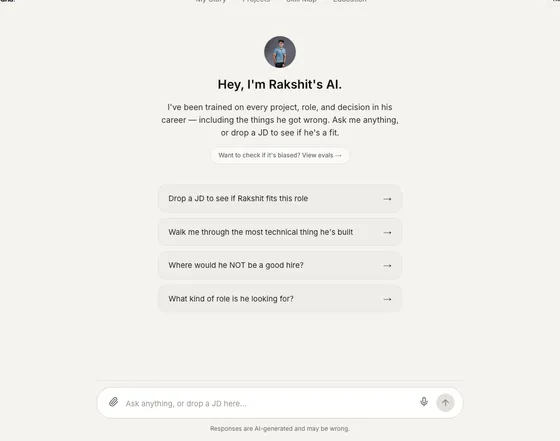 AI Hiring Chat welcome screen with suggested questions and a message box